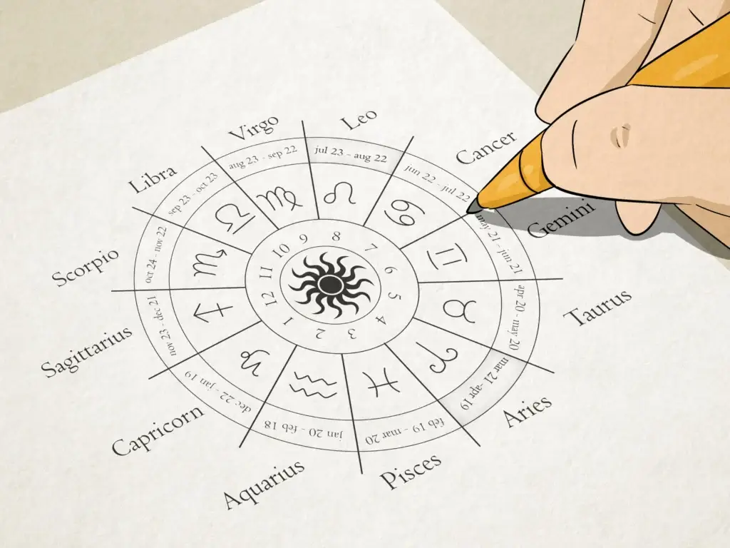 Step-by-step astrology wheel diagram showing how to calculate a chart by hand with all 12 zodiac signs, symbols, dates, and house numbers arranged in concentric circles.