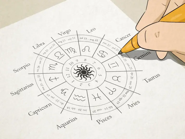 Step-by-step astrology wheel diagram showing how to calculate a chart by hand with all 12 zodiac signs, symbols, dates, and house numbers arranged in concentric circles.
