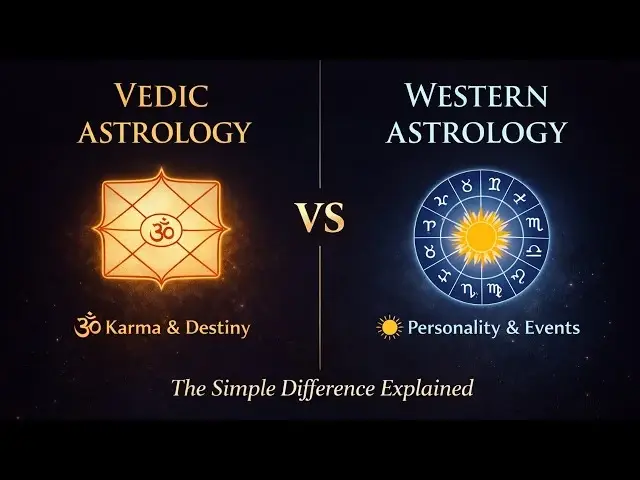 Comparison image showing Vedic astrology wheel with zodiac signs on the left side and Western astrology zodiac wheel on the right side representing the key differences between the two systems