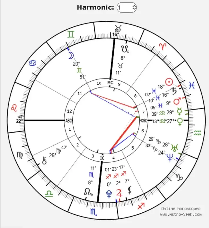 Birth Chart vs Horoscope vs Natal Chart example: a natal chart wheel with 12 houses, zodiac signs, planets and aspect lines