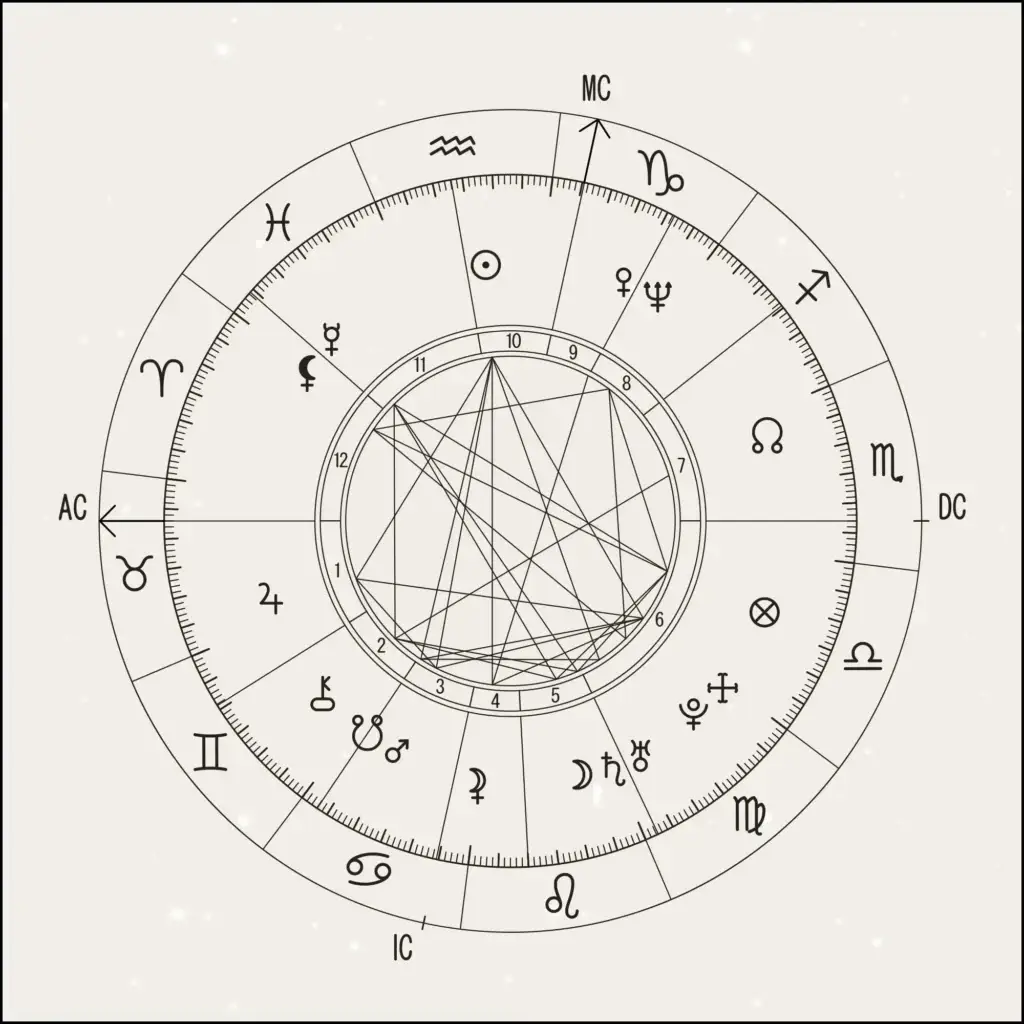 Natal birth chart wheel showing planets, houses, and zodiac signs for the question can a birth chart predict your future